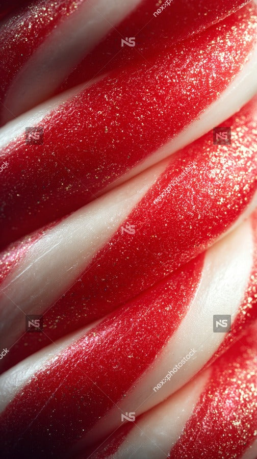 A Close Up Image Of A Red And White Striped Candy Cane With Glittery Details Showcasing Its Festive Design And Texture — Stock Photo