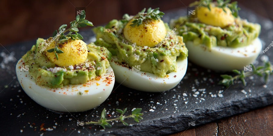 Three Deviled Eggs Garnished With Avocado Spices And A Sprig Of Parsley On A Black Slate — Stock Photo