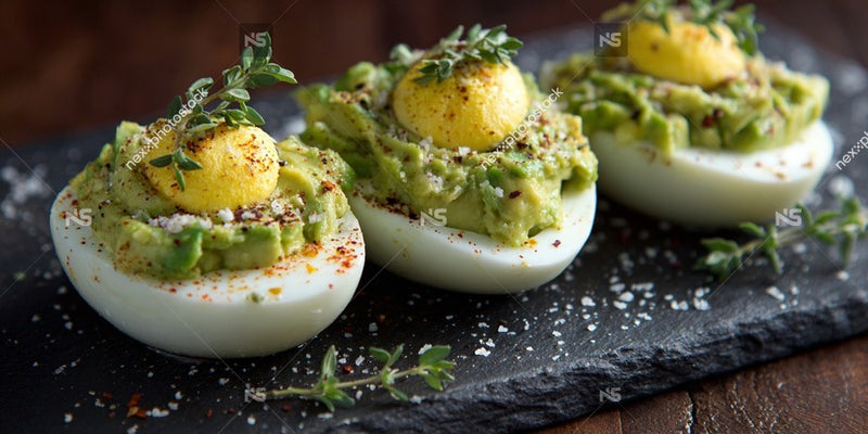 Three Deviled Eggs Garnished With Avocado Spices And A Sprig Of Parsley On A Black Slate — Stock Photo