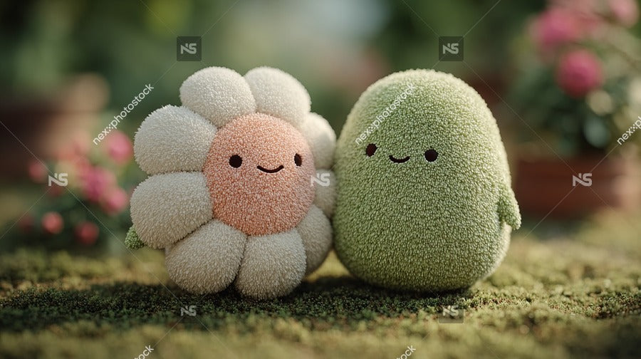 Two Plush Toys One Resembling A Carrot And The Other A Broccoli Are Placed Side By Side Against A Background Of Greenery — Stock Photo