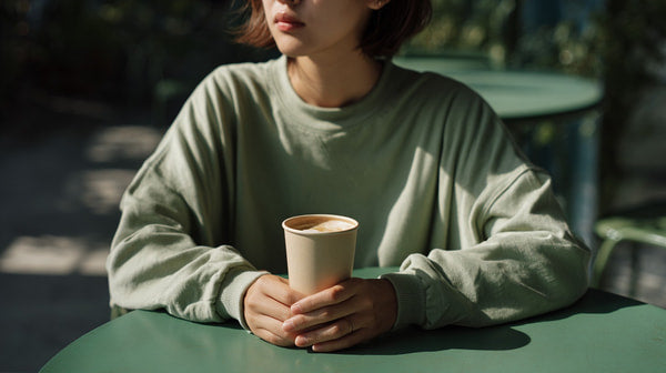 A Woman In A Green Sweater Is Sitting At A Table Holding A Coffee Cup — Stock Photo