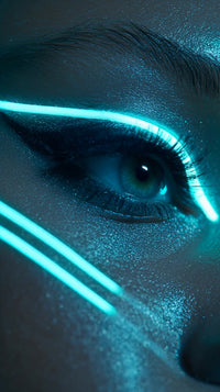 showcases a close up of a person s face with striking glowing eye makeup which is the central focus of the composition - Stock Video