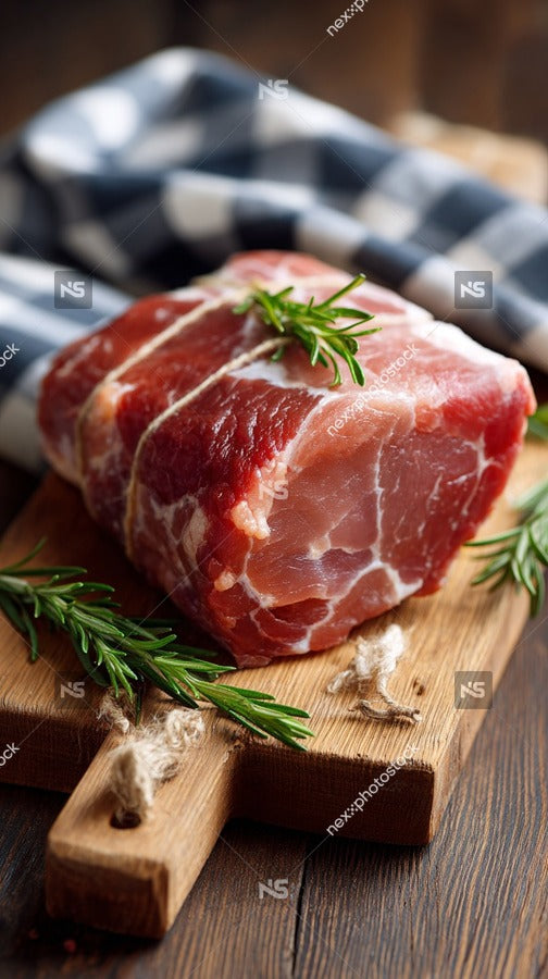 A Raw Piece Of Meat Pork Beef On A Wooden Cutting Board With Herbs And Spices Around It — Stock Photo