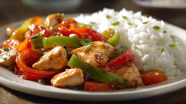 A Plate Of Chicken And Rice With Peppers Garnished With Herbs Served On A Wooden Table — Stock Photo