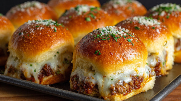 Six Cheese Stuffed Meatball Sliders On A Black Tray Garnished With Parsley And Served In A Dark Setting — Stock Photo