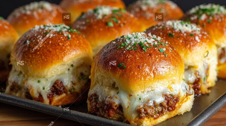 Six Cheese Stuffed Meatball Sliders On A Black Tray Garnished With Parsley And Served In A Dark Setting — Stock Photo