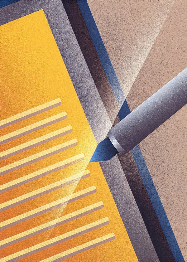 Digital Illustration Of A Pen On Top Of A Piece Of Paper With A Blue Background And Abstract Shapes In The Corners — Stock Illustration