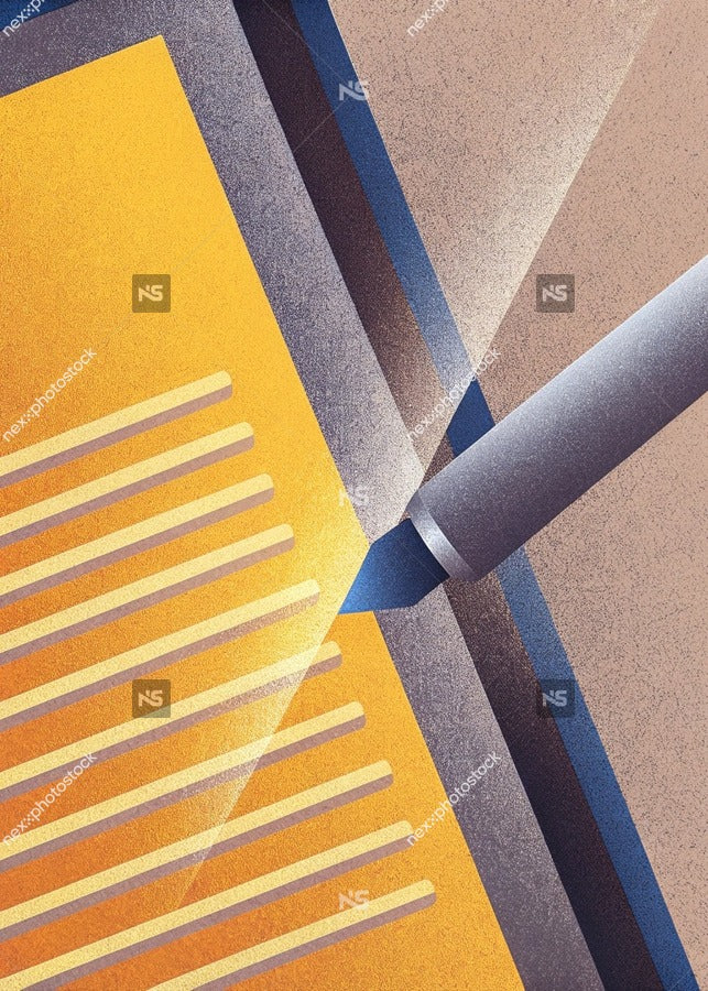 Digital Illustration Of A Pen On Top Of A Piece Of Paper With A Blue Background And Abstract Shapes In The Corners — Stock Illustration