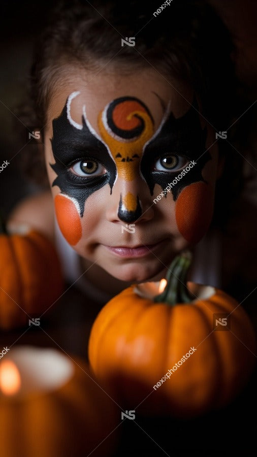 A Young Child In A Close Up Shot Wearing Face Paint That Resembles A Cat S Face — Stock Photo
