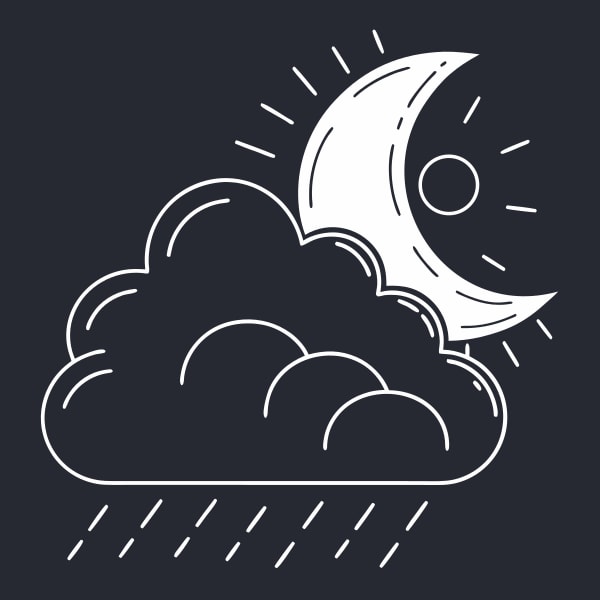 Black And White Illustration Of A Cloudy Night Sky With A Full Moon And Raindrops — Stock Vector