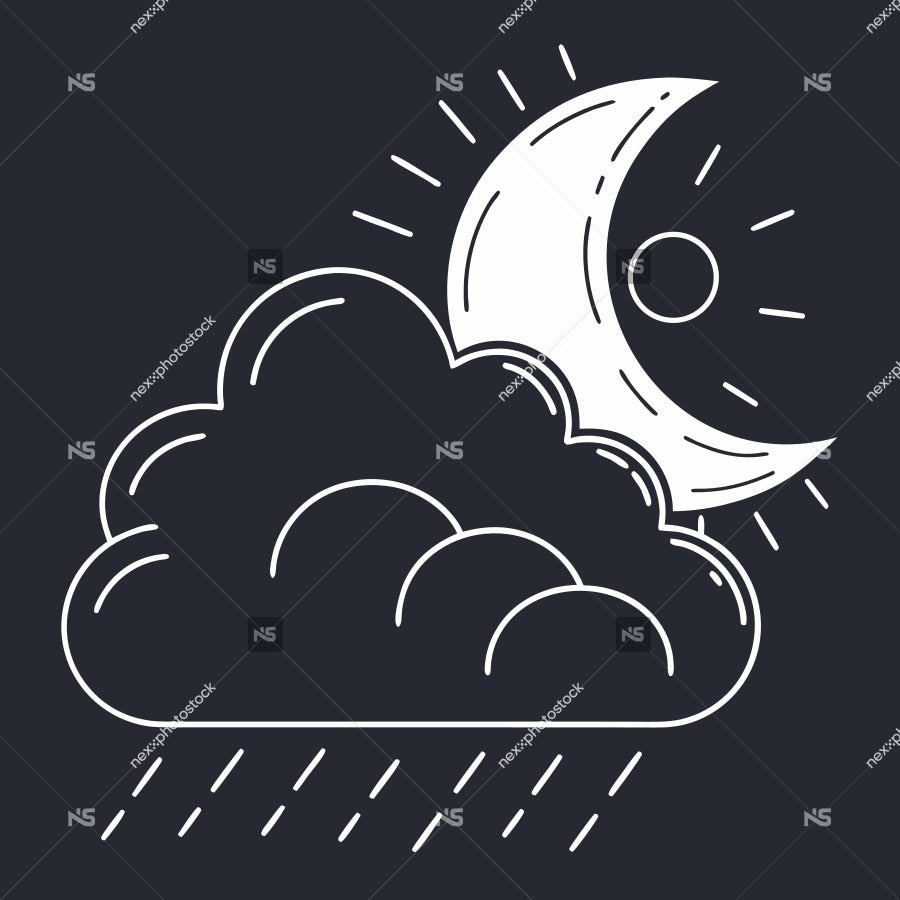 Black And White Illustration Of A Cloudy Night Sky With A Full Moon And Raindrops — Stock Vector