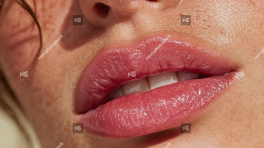 A Close Up Of A Person S Lips With Glossy Lipstick Applied Captured In A Portrait Style Image — Stock Photo