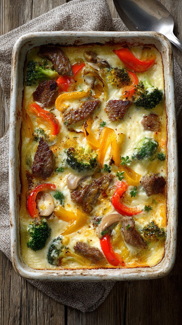 A Baked Chicken Casserole With Broccoli And Peppers In A Rectangular Baking Dish Ready To Be Served — Stock Photo