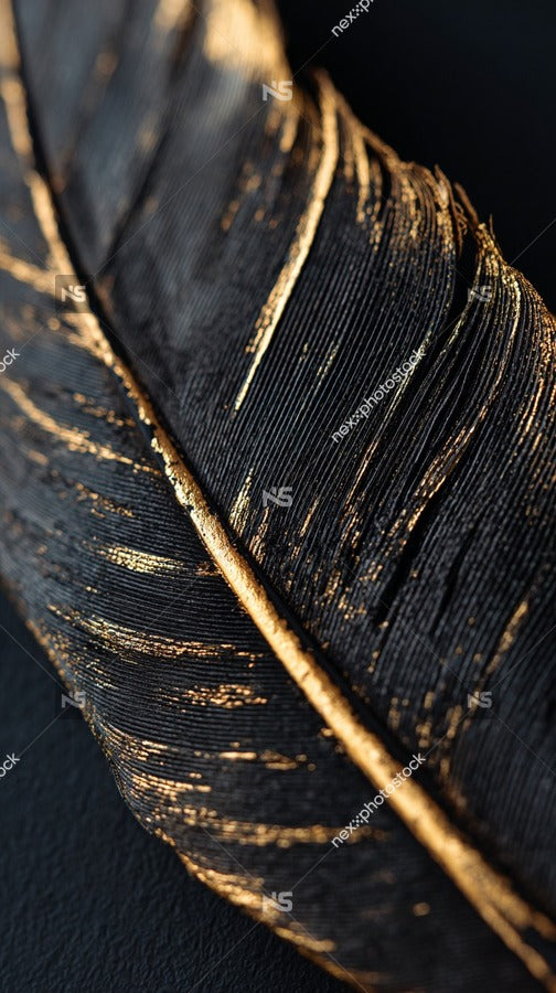 Close Up Of A Single Black Feather With Gold Foil Detailing Set Against A Dark Background — Stock Photo