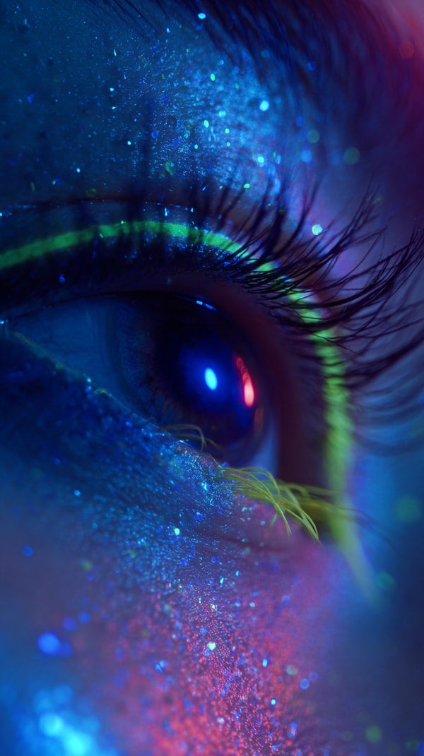 Glittery Cosmic Eye Makeup With Blue And Purple Hues Showcasing A Close Up View Of An Individual S Eye Set Against A Dark Background — Stock Photo