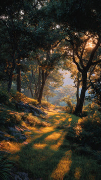 A Serene Forest Path Bathed In Sunlight With Tall Trees Lining The Trail And A Carpet Of Fallen Leaves On The Ground — Stock Photo