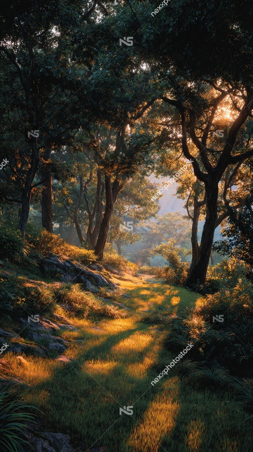 A Serene Forest Path Bathed In Sunlight With Tall Trees Lining The Trail And A Carpet Of Fallen Leaves On The Ground — Stock Photo
