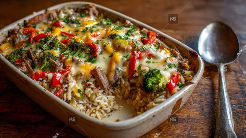 Close Up Of A Casserole Dish Filled With Beef And Broccoli Topped With Cheese And Red Peppers Placed On A Wooden Table — Stock Photo