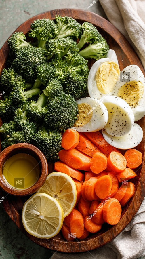 A Platter Of Fresh Vegetables Including Broccoli Carrots And Eggs With Lemon Wedges On The Side — Stock Photo