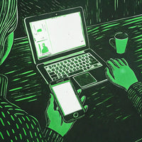 A Black And White Illustration Of A Person Using A Laptop In A Dark Room With Another Person Holding A Phone Nearby — Stock Illustration
