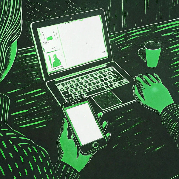 A Black And White Illustration Of A Person Using A Laptop In A Dark Room With Another Person Holding A Phone Nearby — Stock Illustration