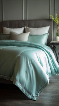 A Neatly Made Bed With A Blue Comforter And White Pillows — Stock Photo