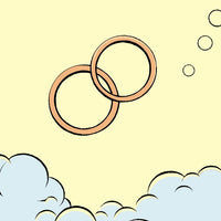 Two Rings Floating In A Blue Sky With White Clouds Set Against A Yellow Background — Stock Vector