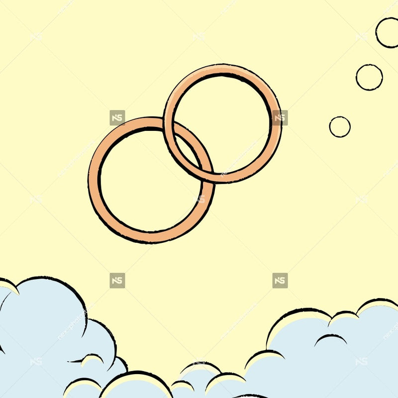 Two Rings Floating In A Blue Sky With White Clouds Set Against A Yellow Background — Stock Vector