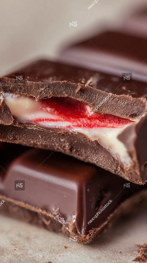 A Close Up Of A Chocolate Bar With Strawberry Cream Filling Showcasing Its Layers And Texture — Stock Photo