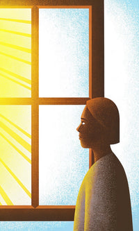 A Person Stands In Front Of A Sunlit Window Looking Out With A Expression — Stock Illustration