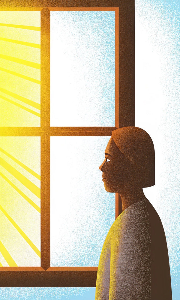 A Person Stands In Front Of A Sunlit Window Looking Out With A Expression — Stock Illustration