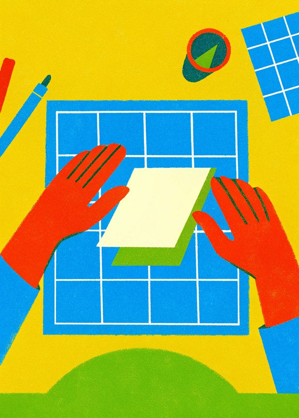 Colorful Illustration Of Hands Holding A Piece Of Paper Over A Map On A Table — Stock Illustration