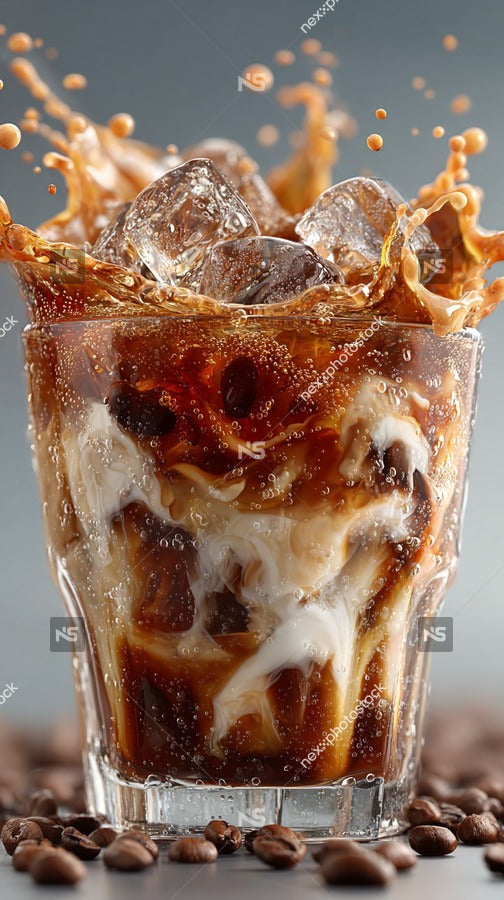 A Glass Of Iced Coffee With Ice Cubes Garnished With Whipped Cream And A Drizzle Of Caramel Syrup Served In A Clear — Stock Photo