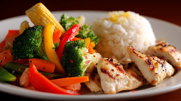 Two Plates Of Grilled Chicken And Vegetables On A White Plate Against A Dark Background — Stock Photo