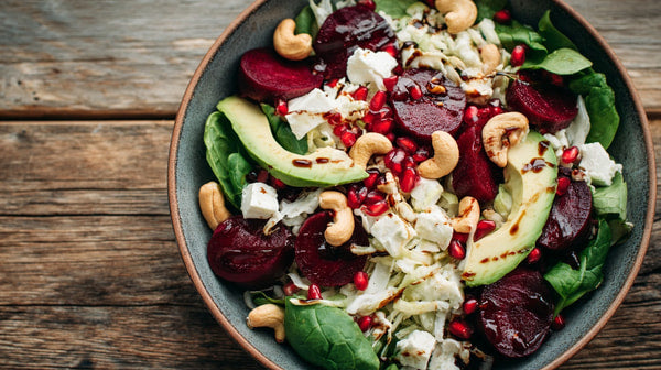A Bowl Of Salad With Beets Walnuts And Crumbled Feta Cheese On A Wooden Table — Stock Photo