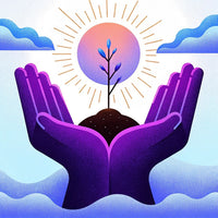 Hand Holding A Plant In The Center Of A Sunburst Set Against A Blue Sky Background — Stock Illustration