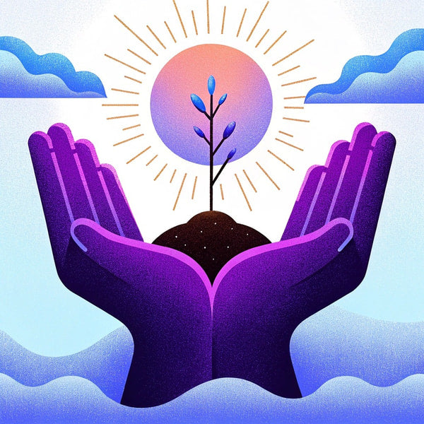 Hand Holding A Plant In The Center Of A Sunburst Set Against A Blue Sky Background — Stock Illustration