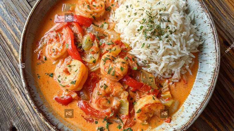 Shrimp Curry With Rice And Garnished With Parsley On A Plate Served With A Side Of White Rice — Stock Photo