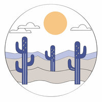 A Desert Sunset Scene Three Cacti A Yellow Sun And A Blue Sky Background — Stock Vector