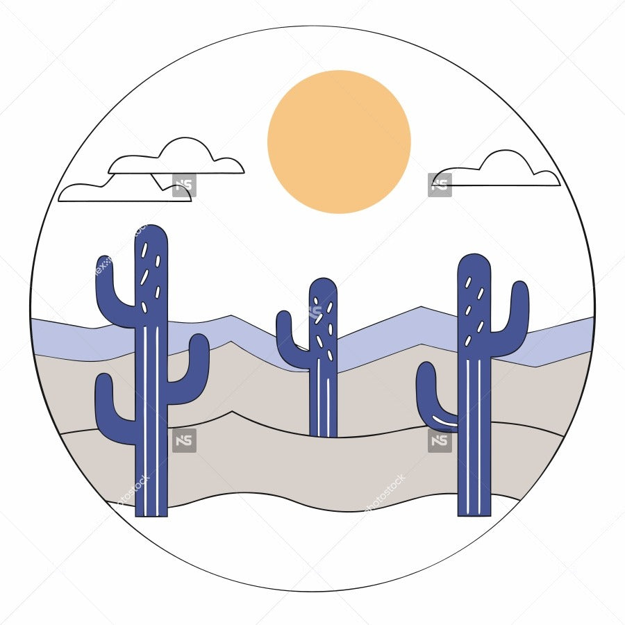 A Desert Sunset Scene Three Cacti A Yellow Sun And A Blue Sky Background — Stock Vector
