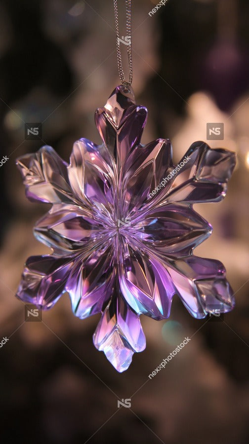 A Purple Crystal Snowflake Ornament With Intricate Details And A Glossy Finish Is Hanging From A String Against A Festive Background — Stock Photo