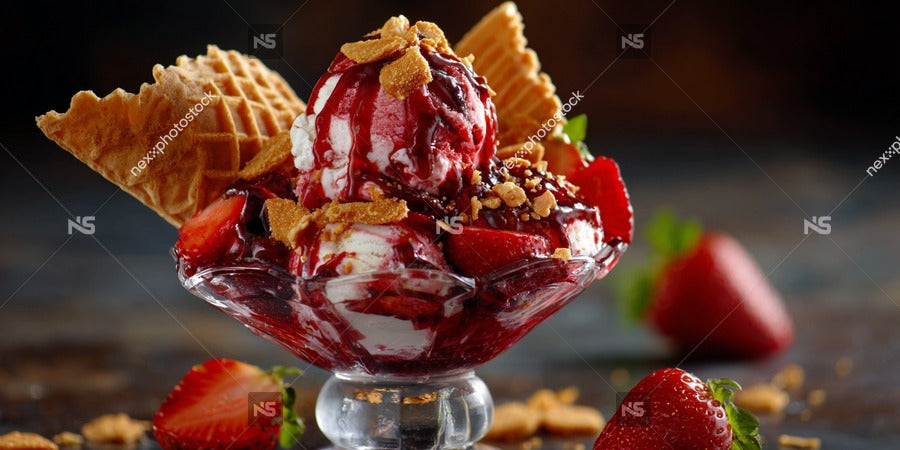A Scoop Of Strawberry Ice Cream In A Glass Dish Topped With Whipped Cream And Nuts Served On A Table — Stock Photo