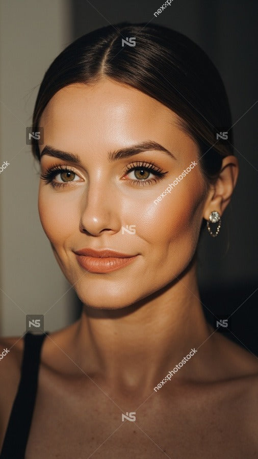 Woman In Portrait Orientation Smiling Slightly With Makeup And Earrings Against A Neutral Background — Stock Photo
