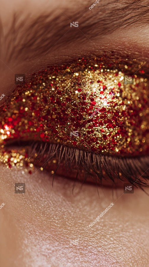 A Close Up Of A Person S Eye With Glittery Gold Eyeshadow Showcasing The Shimmering Texture And Sparkling Effect Of The Makeup — Stock Photo