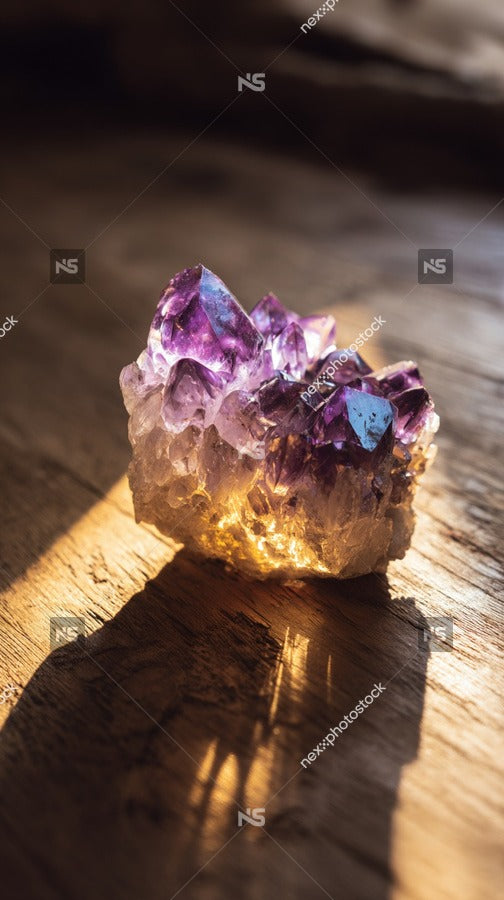 Amethyst Crystal Cluster On Wooden Table — Stock Photo