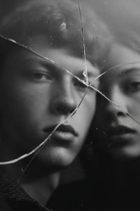 Black And White Portrait Of A Young Man And Woman Looking Through A Broken Mirror — Stock Photo