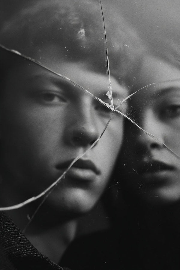 Black And White Portrait Of A Young Man And Woman Looking Through A Broken Mirror — Stock Photo