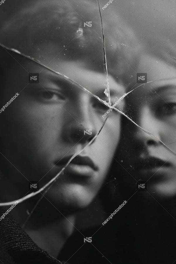 Black And White Portrait Of A Young Man And Woman Looking Through A Broken Mirror — Stock Photo