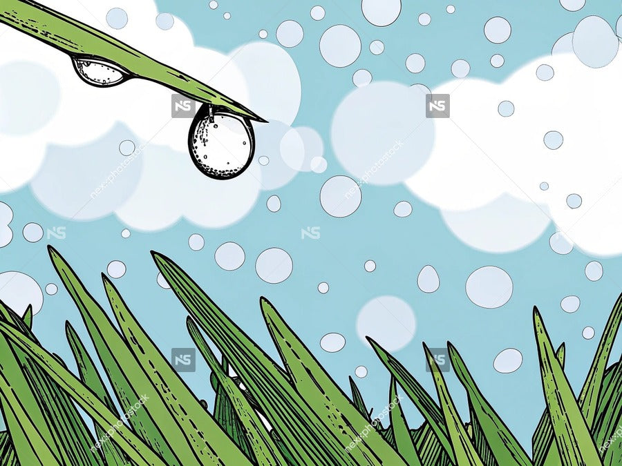 Bubbles Floating In The Air Against A Backdrop Of Green Grass And Blue Sky — Stock Illustration