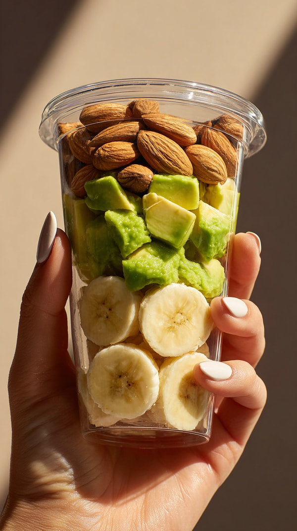 A Clear Plastic Container Filled With A Colorful Assortment Of Fruits Including Bananas And Almonds — Stock Photo